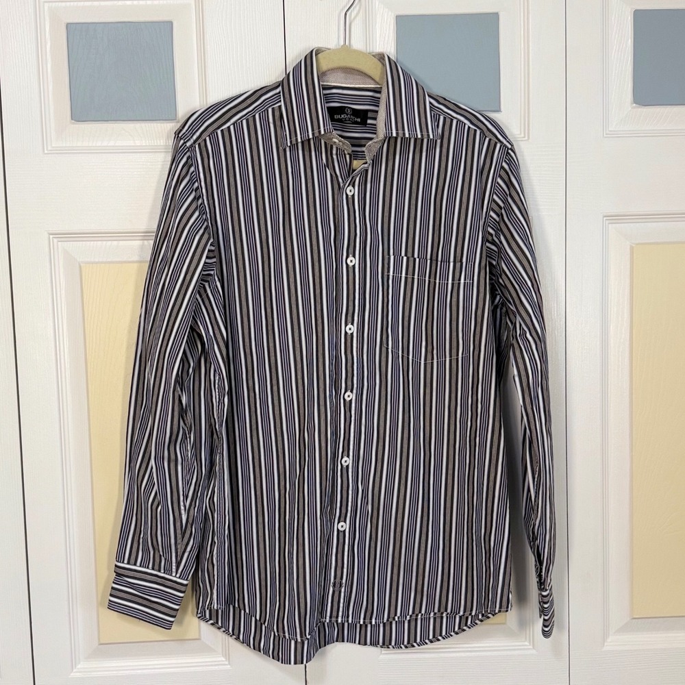Bugatchi Uomo Mens Medium Button Down Shirt Navy Brown White Striped Cotton M
